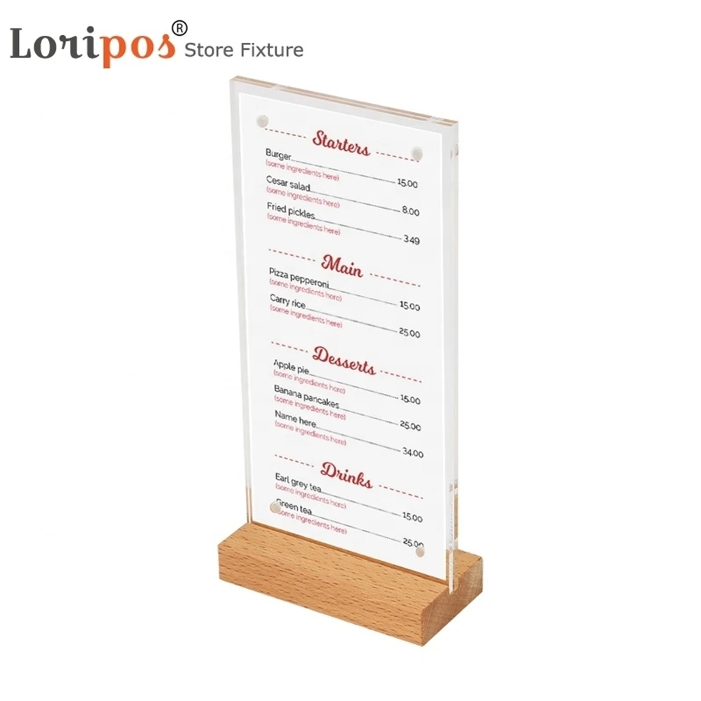 

10pcs Magnetic Menu Stand Holder Logo Custom T Shape Desk Acrylic Sign Holder With Wood Base On Tabletop Countertop Standing