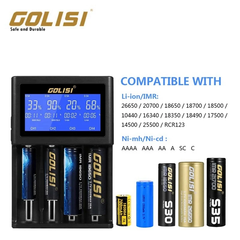 GOLISI i4 Smart Charger 18650 26650 20700 Аккумулятор ЖК-дисплей USB 4 слота Зарядка AA AAA Интеллектуальное быстрое зарядное устройство 2A