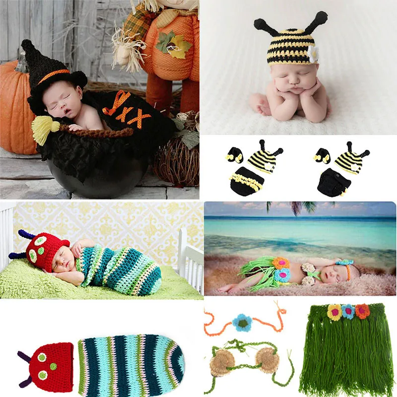 Newborn Baby Infant Crochet Knit Costume Photography Cute Worm Caterpillar Bee Hawaii Hula Magician Clothing Outfits Photo Props | Мать и