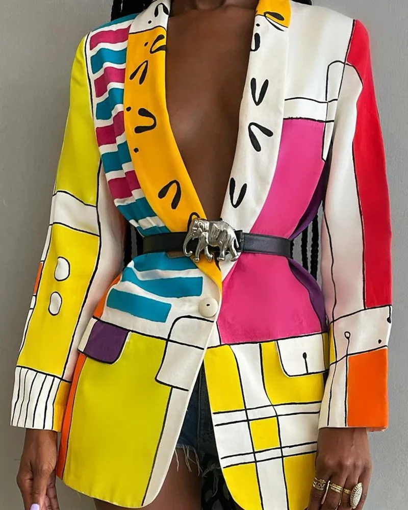 

Блейзер на одной пуговице с абстрактным принтом и воротником-шалью