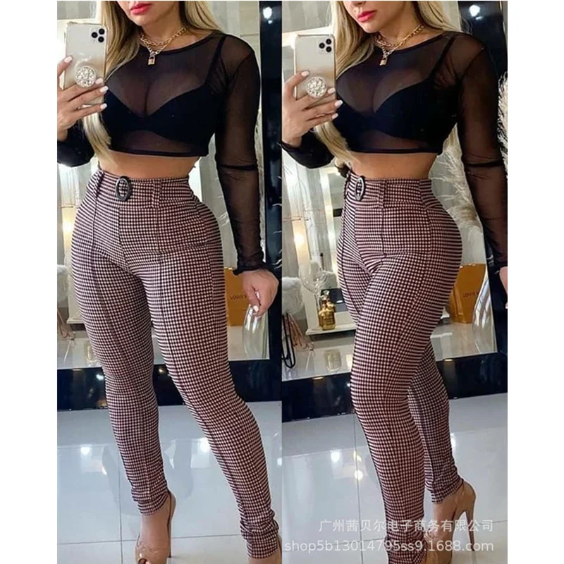 

Женские Элегантные клетчатые облегающие брюки WEPBEL, женские модные облегающие длинные брюки-карандаш с завышенной талией