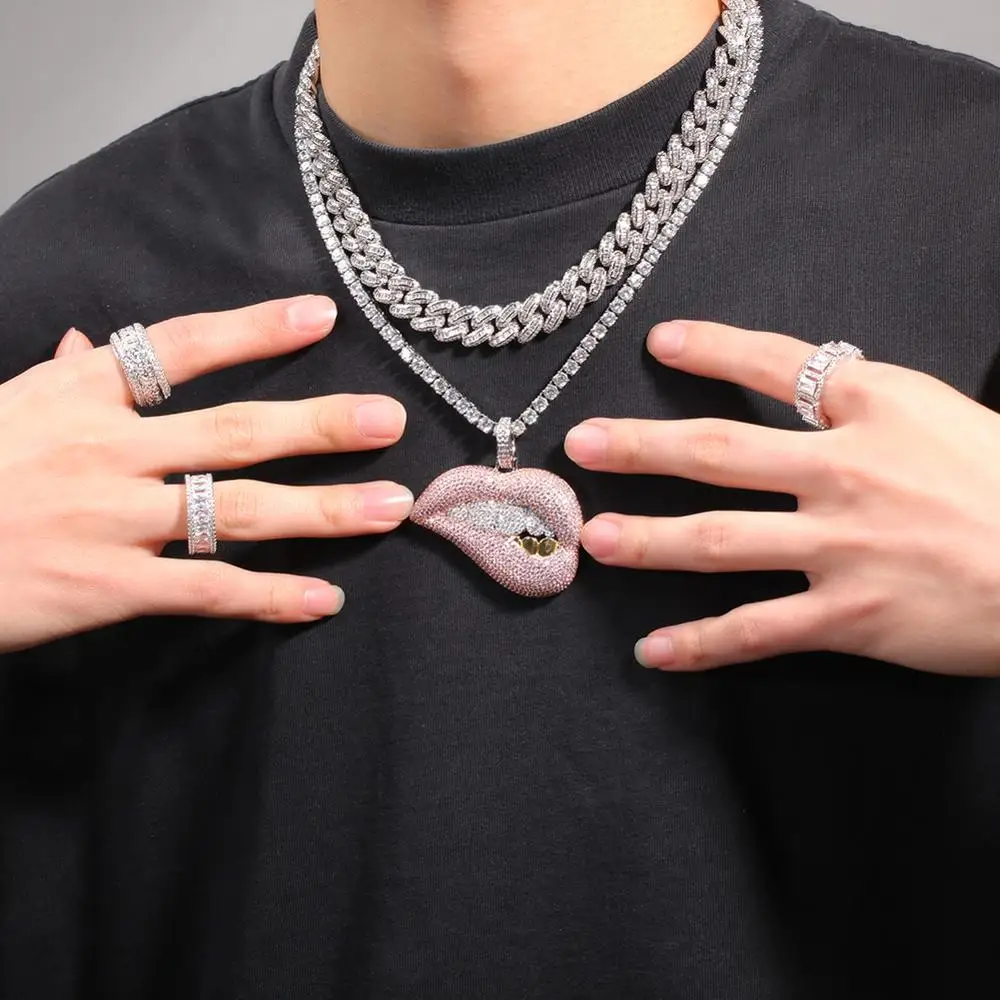 

Uwin Hiphop Jewelry Pink Lips with Gold Teeth Pendant Necklace Mens Punk Style Iced Out CZ Charms Fashion Jewelry Drop Shipping