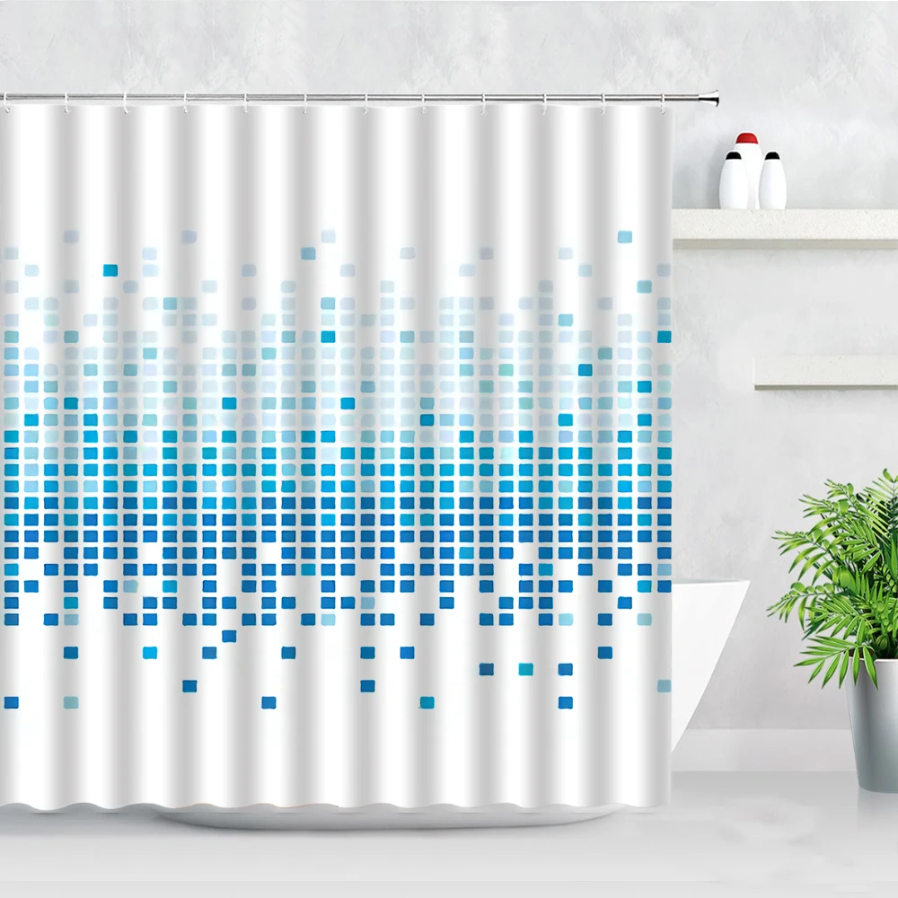 Cortina de ducha de diseño geométrico azul, arte abstracto, cubo creativo, moda, tela Simple, decoración de baño, cortinas de baño con ganchos