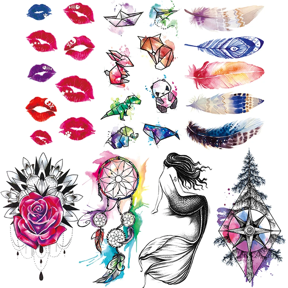 

Watercolor Lips Temporary Tattoo For Kids Women Rose Flower Feather Tattoos Dreamcatcher Animal Mermaid Tatoo Pine Body Ear Hand