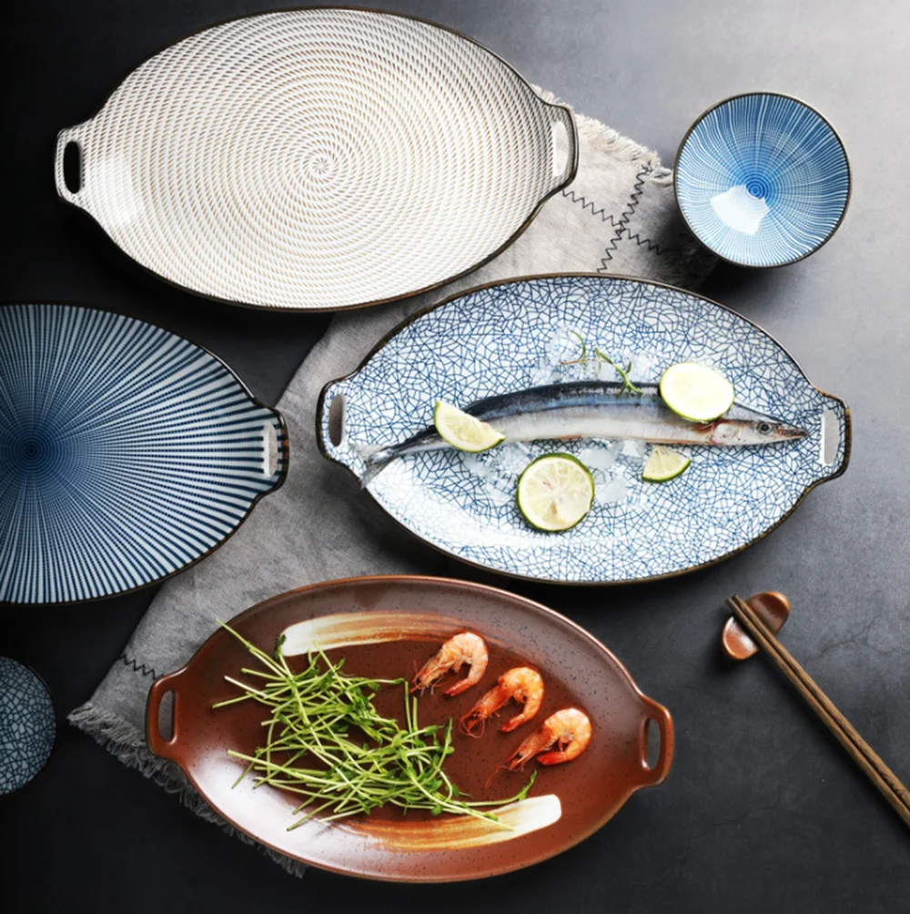 Японская домашняя керамическая тарелка в стиле ретро овальная посуда с двумя