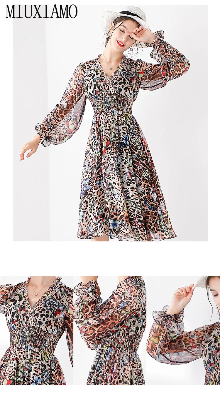 

MIUXIMAO 2019 Newest Spring & Fall Fashion V-neck Full Sleeve Butterfly Leopard Print Above Knee Dress Women Vestidos