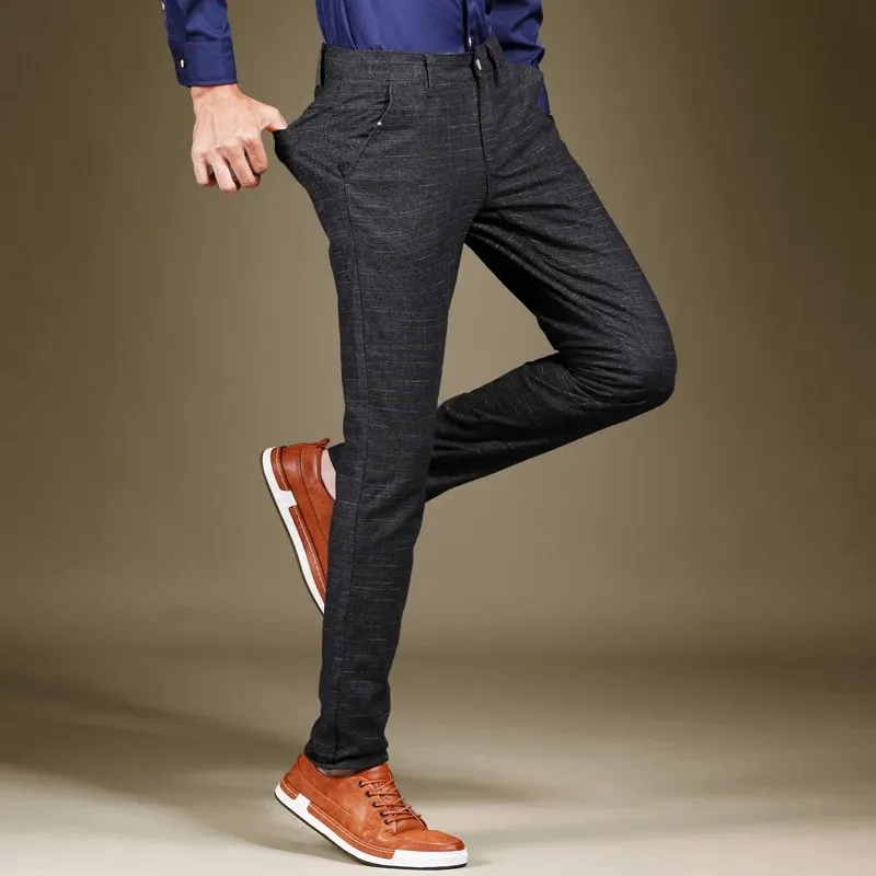 

Brand 2019 New Mens Casual Pants Fashion Business Casual Plaid Trousers Cotton Slim Skinny Pants Male Clothing Black Blue