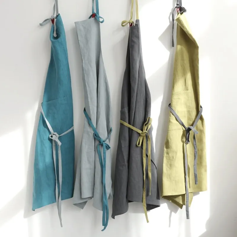 Новый японский супербольшой Кухонный Фартук из хлопка и льна однотонный