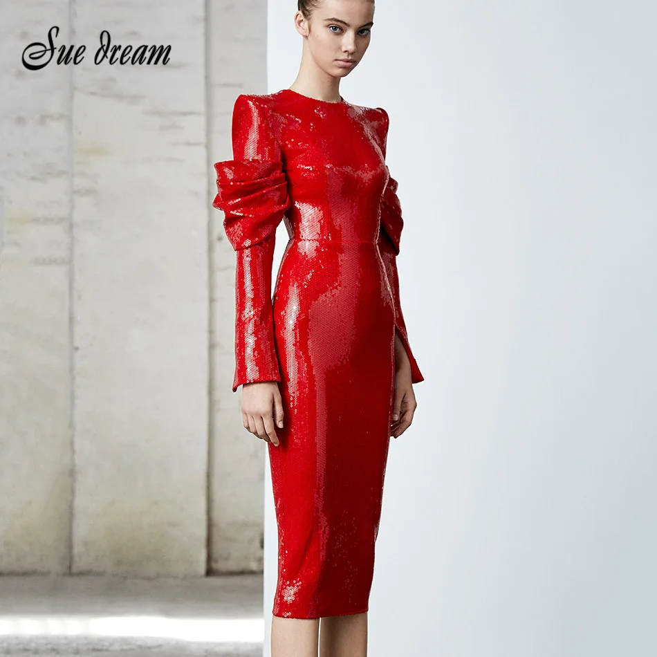 Женское платье с длинным рукавом Красное Облегающее блестками и круглым вырезом