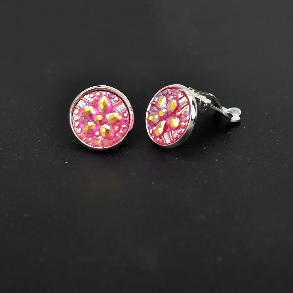 Серебристые круглые серьги клипсы с цветком без отверстия для ушей Красная белая