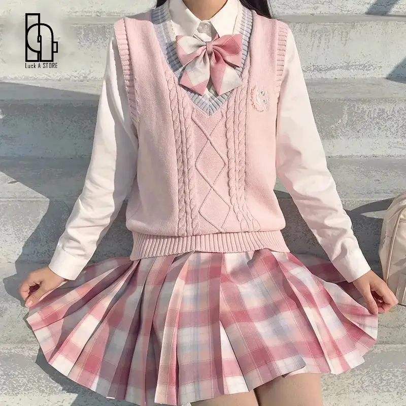 Женская японская форма Luck A 2021 розовый свитер с V-образным вырезом жилет и блузка