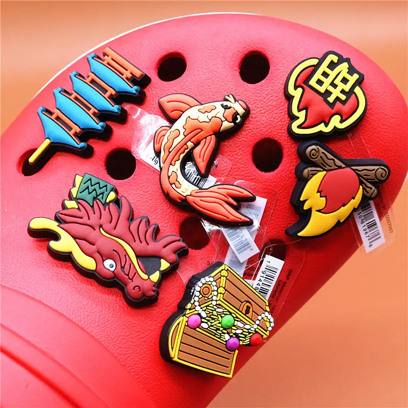 Original PVC Croc Shoe Charms Novel Dragon Fish Flame Treasure Pagoda Shoes Decorations Buckle for Jibz Kids Party Gifts U202