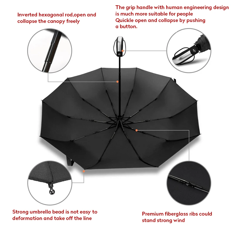 Автоматический складной зонт для женщин и мужчин 3 цвета 10 к большой с черным