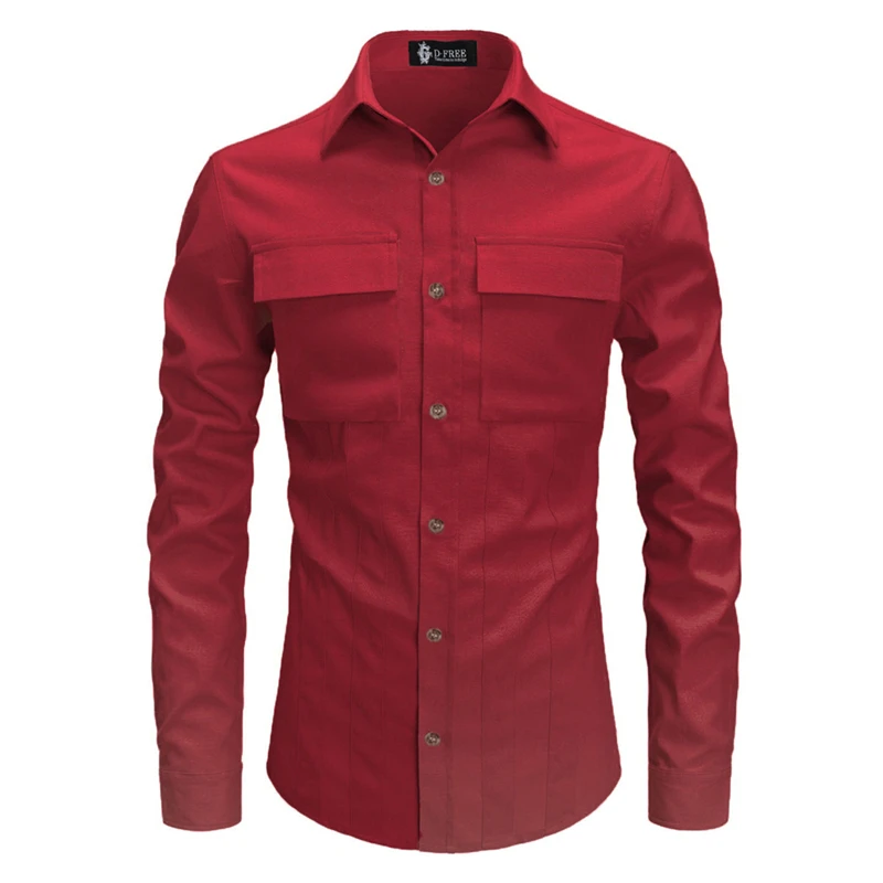 

Double Pockets Front Fashion Polyester Men's Shirts Long Sleeve Pure Color Male Tuxedo Shirt Camisas Hombre Streetwear