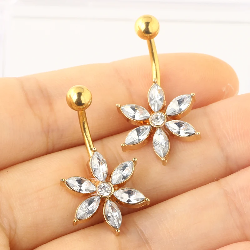 

Crysal Flower Gold Belly Rings Dangling Navel Piercing Wholesales Body Jewelry Belly piercing Bar 14g for women