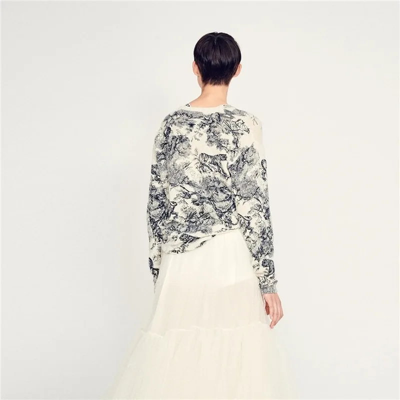 Женский жаккардовый свитер Tigers Длинный свободный трикотажный пуловер с круглым