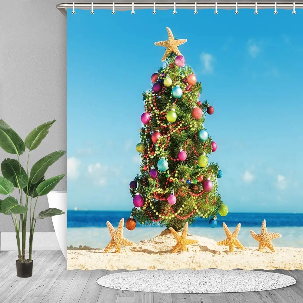 

Christmas Shower Curtain Set Xmas Tree And Starfish On The Beach Polyester Fabric Bathroom Curtains With Hooks Bathtub Screens