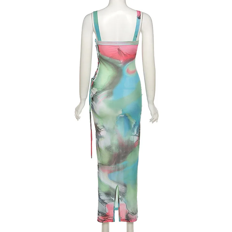 

Print Summer Maxi Dress For Women 2021 Cyber y2k Long Dresses Bandage Beach Vacation Spaghetti Strap Slip Sundress Club Indie