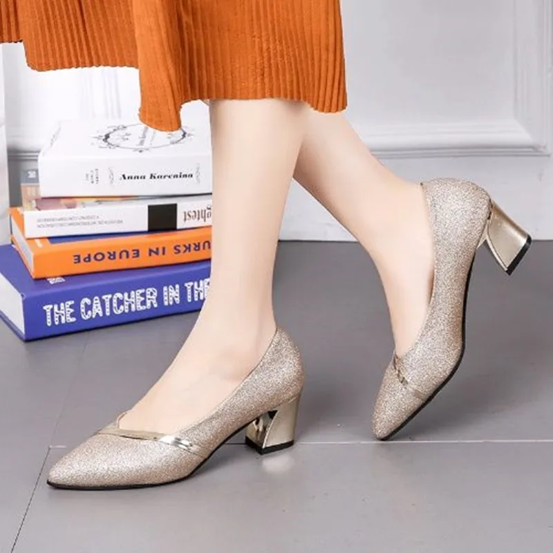 

Женские блестящие туфли на квадратном каблуке, серебристые вечерние Фли на высоком каблуке для невесты, E9254