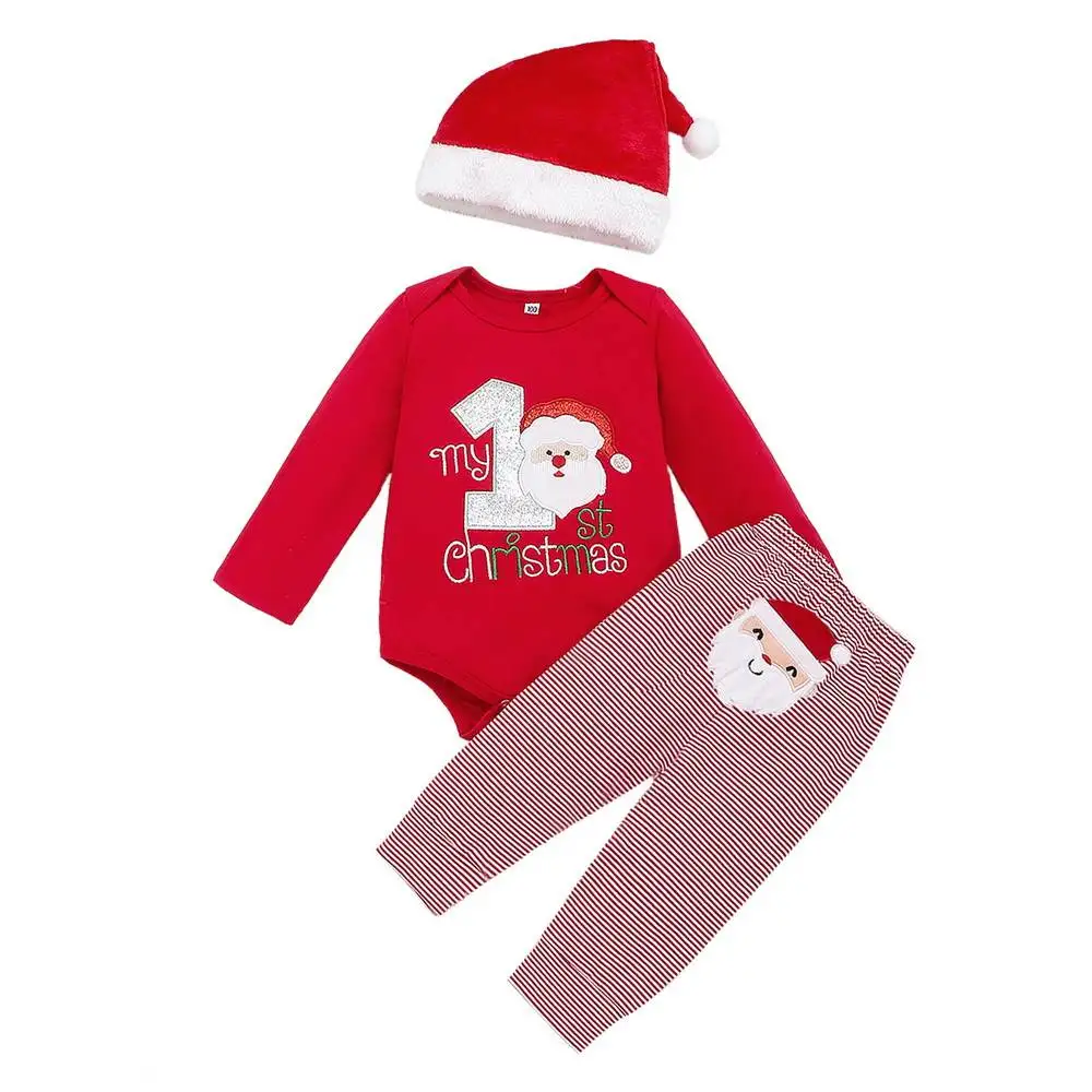 

Christmas NewBorn Baby Boys Girls Cartoon Long Sleeve Romper Bodysuit Pants Hat 3PCS Set Infant Clothes Casual Party Outfits