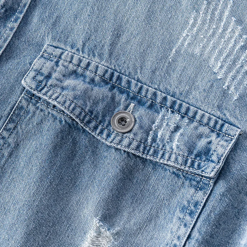 

Hole Ripped Denim Shirt Men Japanese Style Harajuku Shirts Long Sleeve Korean Clothes Cotton Single Breasted Jeans Shirt for Men