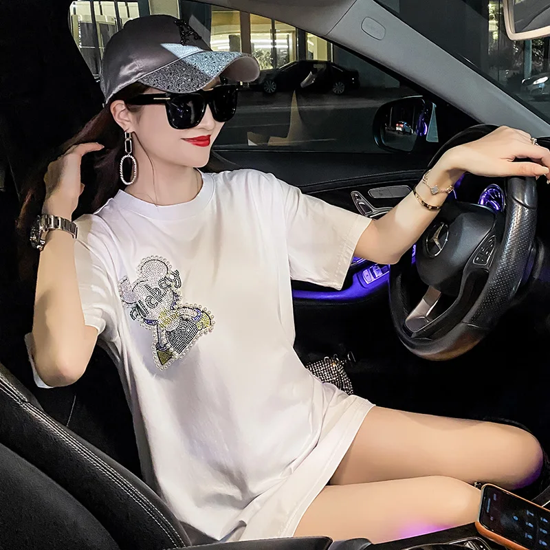 

Fashion New O collar Hot drilling Tops Women Casual Short Sleeve Tees 2021 Summer Mid-length Woman T-shirt korean t shirts