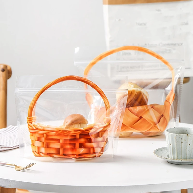 

50Pcs Plastic Fruit Toast Bread Food Bags with Window Handle Party Wedding Supplies Take Out Bags