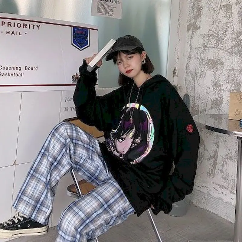 

hoodies women sweatshirt comic hooded thin hoodies women sweatshirt student long-sleeved hip-hop ins wind loose lazy hoodie
