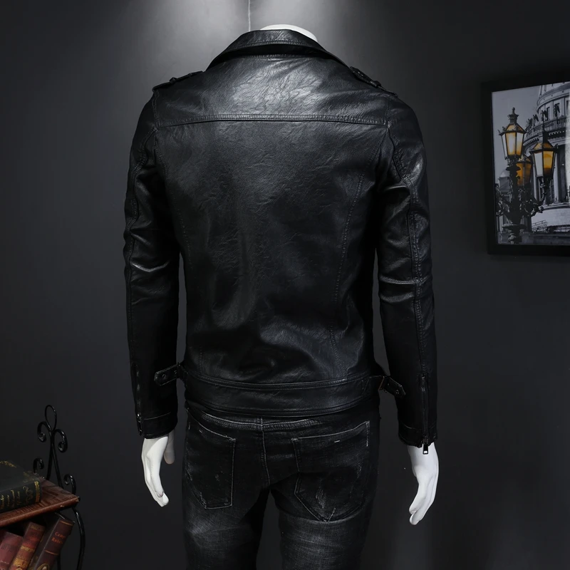 

Spring new male youth handsome leather jacket solid color motorcycle suit slim leather jacket