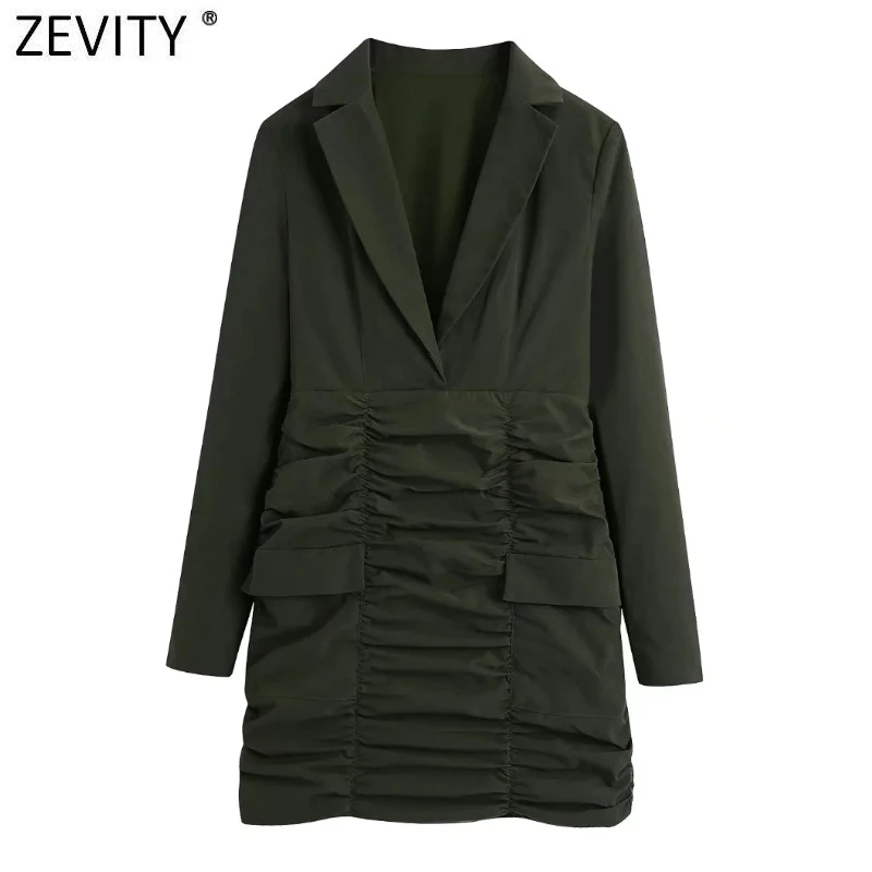 

ZEVITY Women Fashion Notched Collar Solid Suit Style Pleated Shirt Dress Office Lady Chic Business Slim Vestidos Dresses DS9133