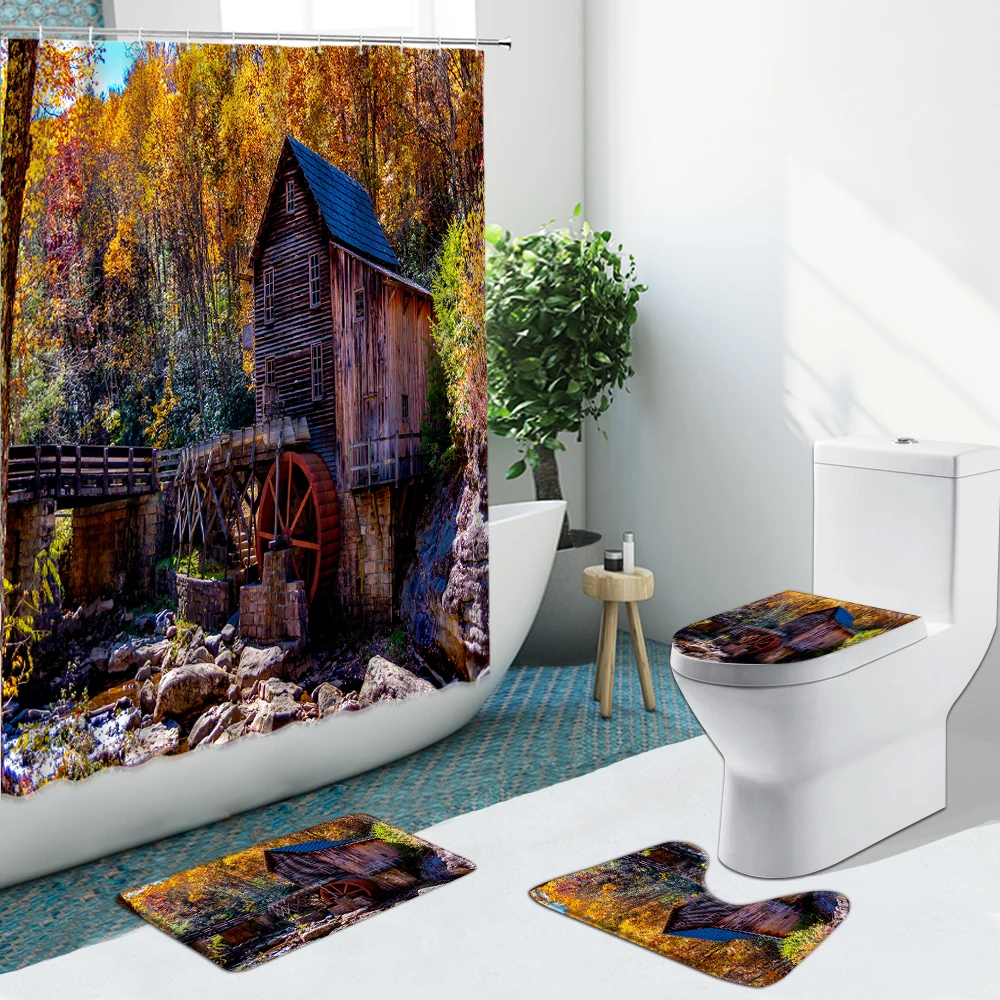 Занавеска для душа с изображением природного леса горного водопада Нескользящие