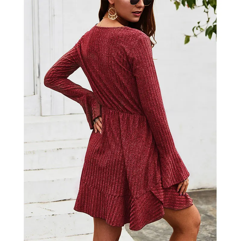 

2020 Newest Summer Women's Dress Red Elegant Button Dress Women Retro Party Dresses Long Sleeve V-neck Casual Midi Dress Hot