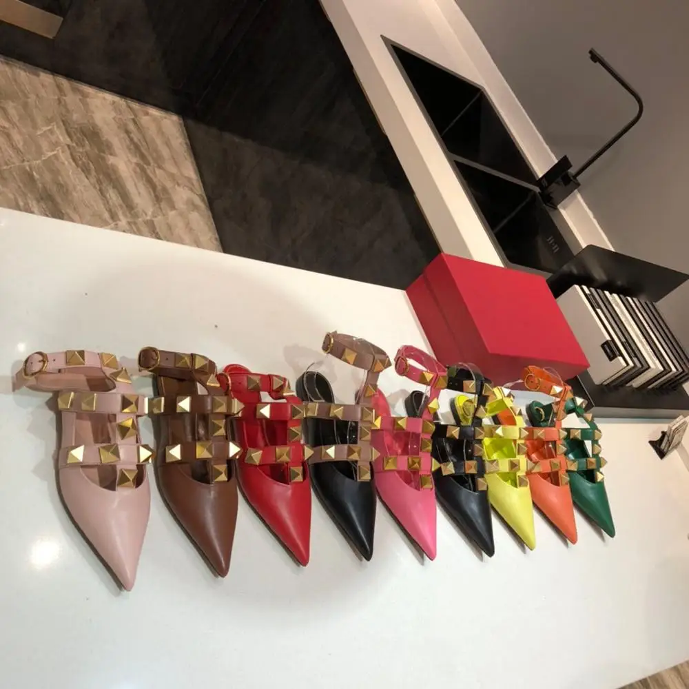 

2021 Women Sandals Hot Summer Sandals High Heels Rivet Women Shoes Fashion Shoes Woman Pointe Toe Sandals Woman Genuine Leather