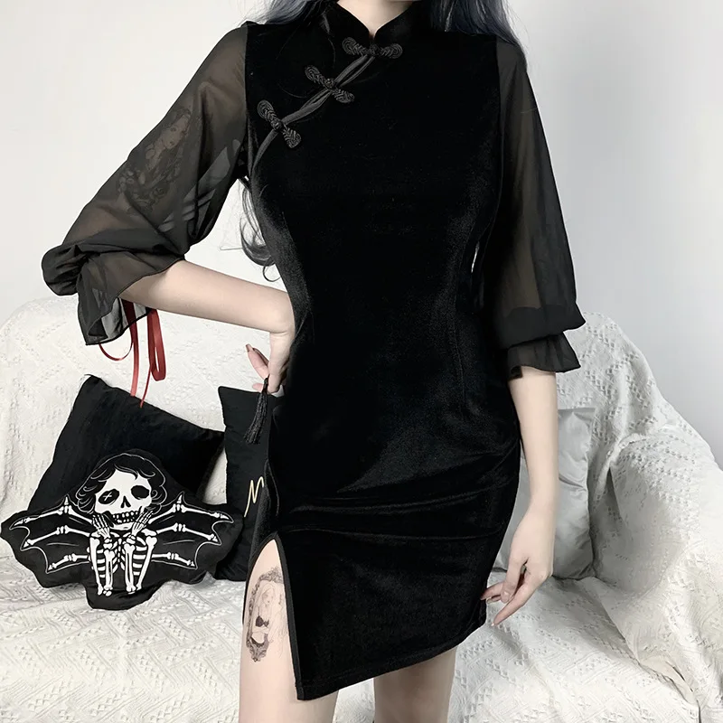 

Chinese Mall Goth Black Mini Dress Vintage Aesthetic Balck Cheongsam Stitching Slit Lace Transparent Silk Sleeve Sexy Lady Slim