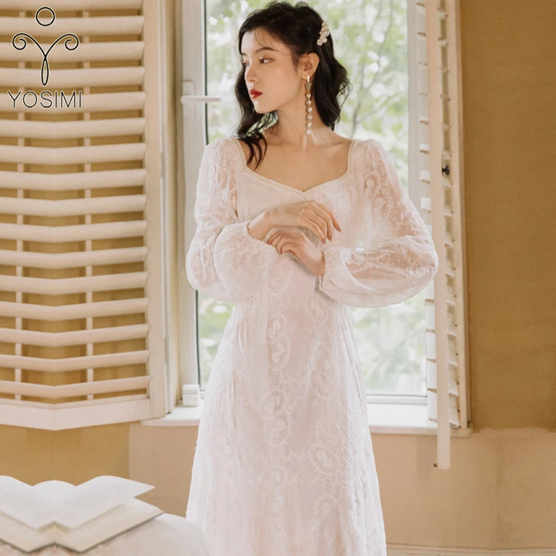 

Женское длинное кружевное платье YOSIMI, белое платье с длинным рукавом-фонариком и квадратным вырезом, вечернее платье до середины икры с поя...