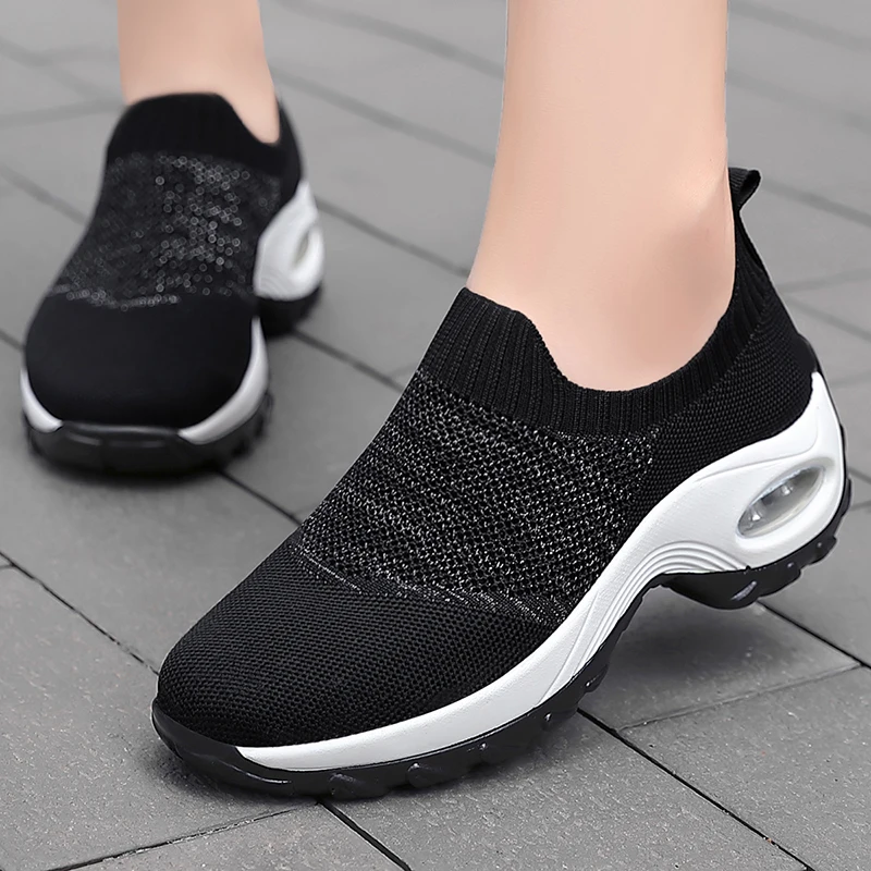 

Женские кроссовки без шнуровки, дышащие сетчатые сникерсы на плоской подошве, для весны и осени