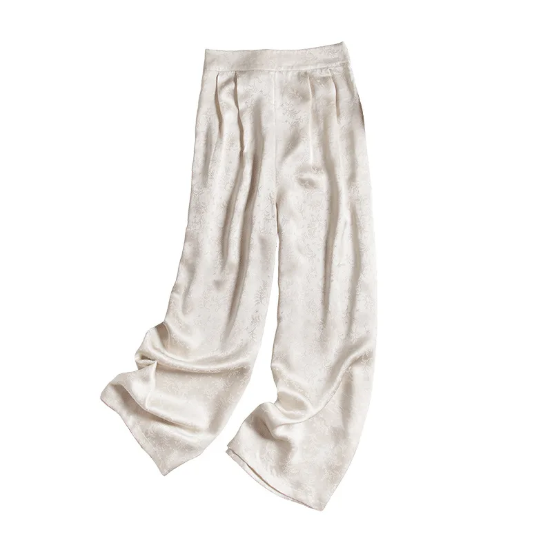 Gummi Silk Jacquard Retro Mulberry Silk Wide-leg Pants Cream White Color Wide Leg Pants Bright Silk Elegant Fashion Loose