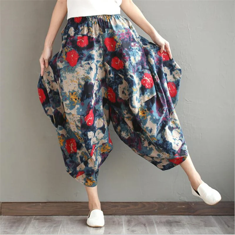 Large size cotton and linen casual pants female 2022 spring and summer loose thin lantern wide leg pants harem pants