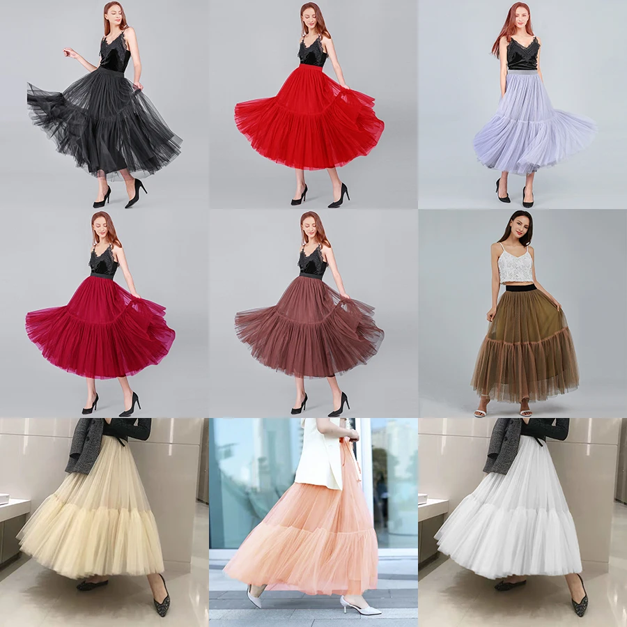 

90 cm Runway Luxury Soft Tulle Skirt Hand-made Maxi Long Pleated Skirts Womens Vintage Petticoat Voile Jupes Falda