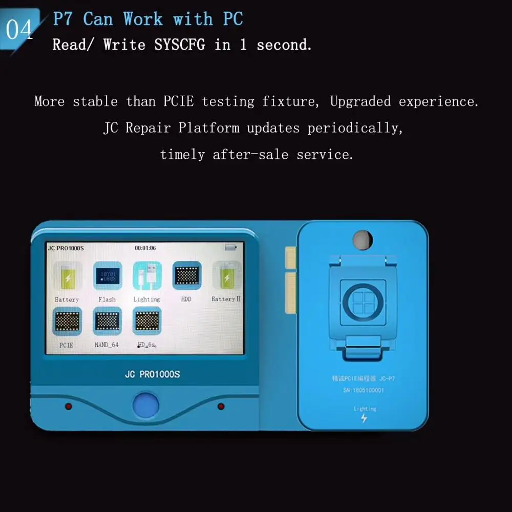 

JC Pro1000S PCIE NAND Programmer Test Fixture for iPhone 8/8 plus/X/7/6s Error Repair Tool Memory Upgrade Serial SN Read Write