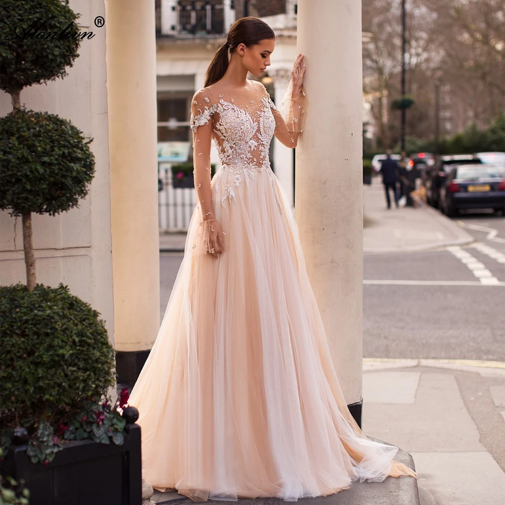 

Alonlivn Shinny Lace A-Line wedding dress 2020 with Beaded Crystals Full sleeves nice back Button bridal dress