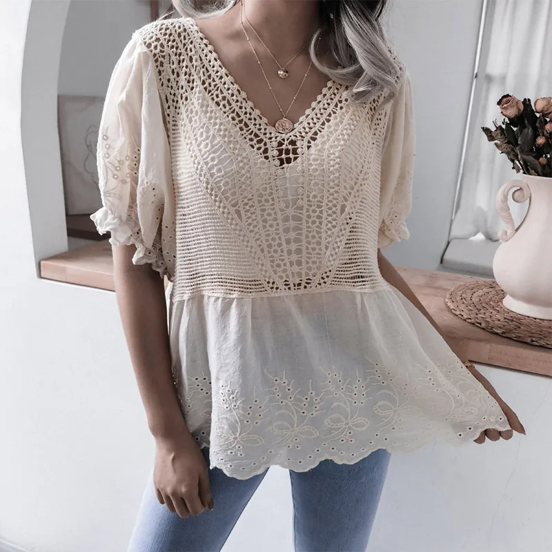 

Ruffle Lace Patchwork Women's Blouses V-Neck Puff Short Sleeve Female Tops 2021 New Spring Summer Korean Fashion Ladies Blouse