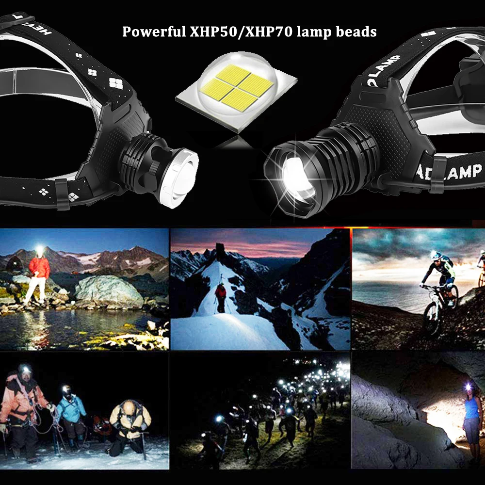 Мощный XHP50 / XHP70 светодиодный налобный фонарь с зарядкой от USB 5 режимов освещения