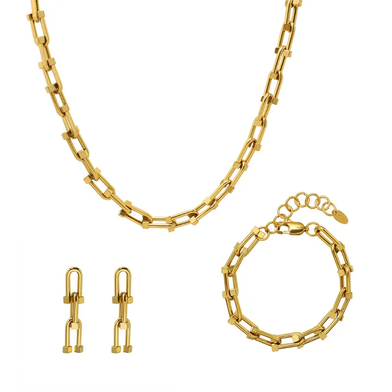 

Hip hop horseshoe buttons gold chain Bracelet Necklace Set Earring Set for Woman Fashion 316 L Stainless Steel Jewelry Washable