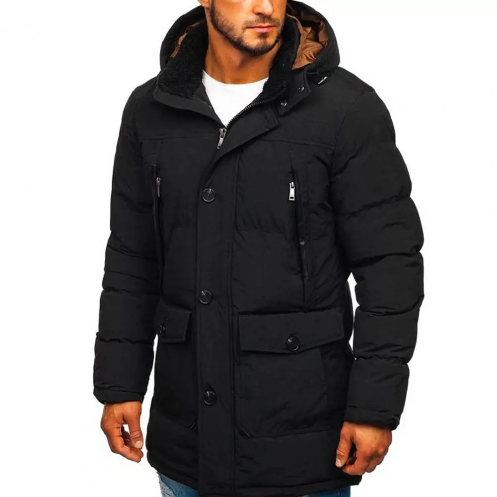 Hooded Jacket Thickened Zipper Closure Stand-up Collar Single Breasted Winter Coats for Men