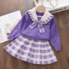 Bear Leaderкомплекты зимней трикотажной одежды для маленьких девочек модные элегантные свитера в клетку с бантом топы и юбка, наряды для От 3 до 7 лет