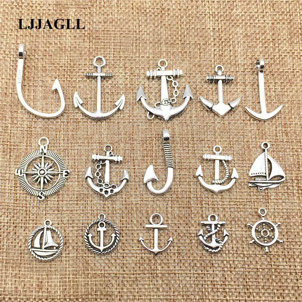 LJJAGLL, цинковый сплав, бронза, 20 шт./лот, Микс, Винтаж, парусная лодка, шарм, якорь, подвески, руль, подвеска, сделай сам, ювелирное изделие ACD018 - Окраска металла: antique silver