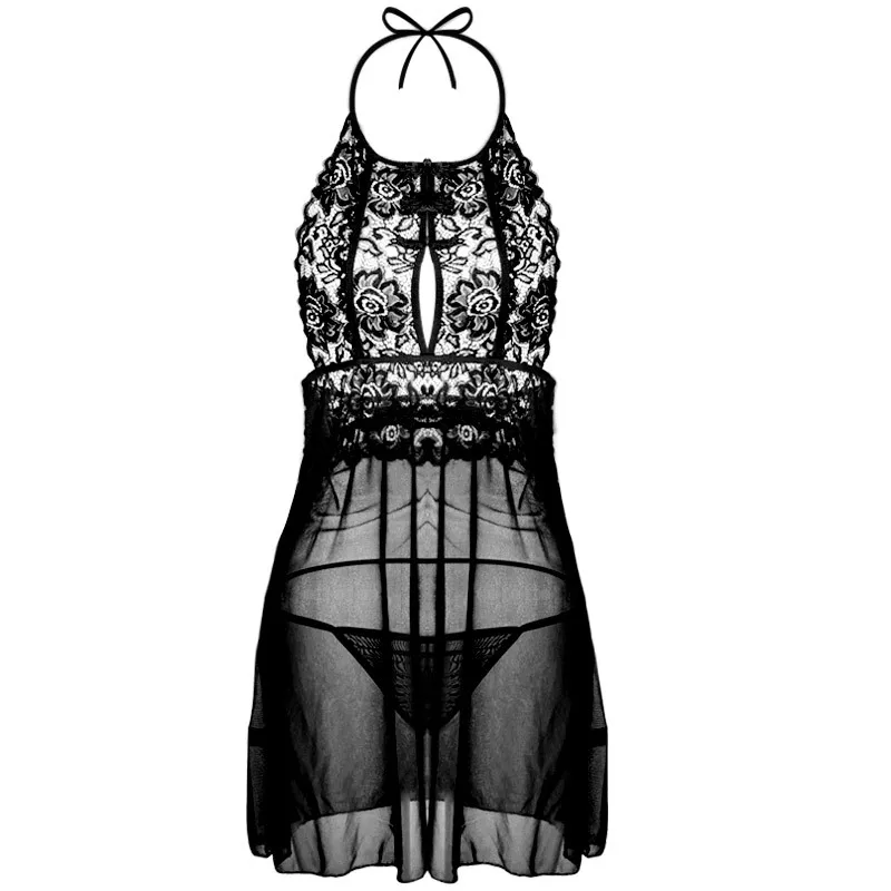 

Sexy lingerie lace screen gauze open back cutout transparent suspenders sexy temptation suit nightdress