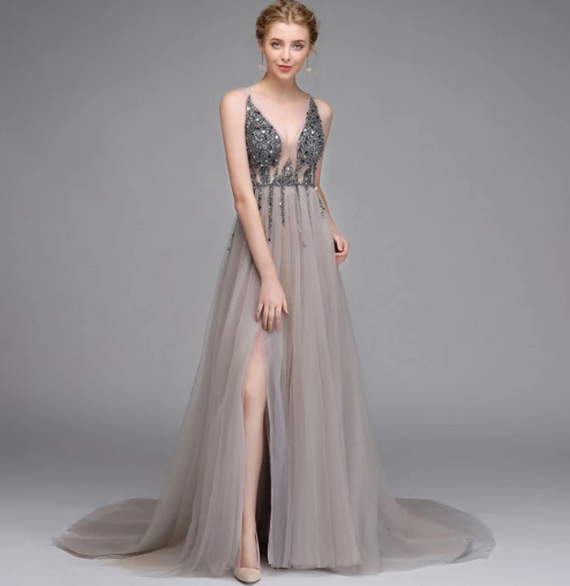 Лидер продаж 2021 вечернее платье А силуэта с глубоким V образным вырезом и