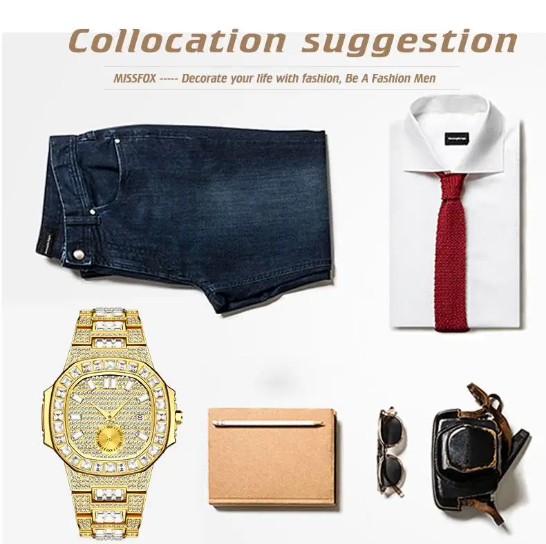 

MISSFOX Luxury Men Watch Gold 18K Nautilus Model Fully Paved Baguette Diamond Mens Watches Waterproof Calendar Male Clock Hours
